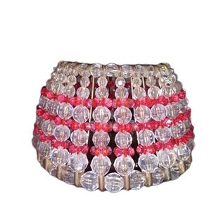 Vintage Mid Century Safety Pin & Beads Candle Holder Red Tramp Art Victorian